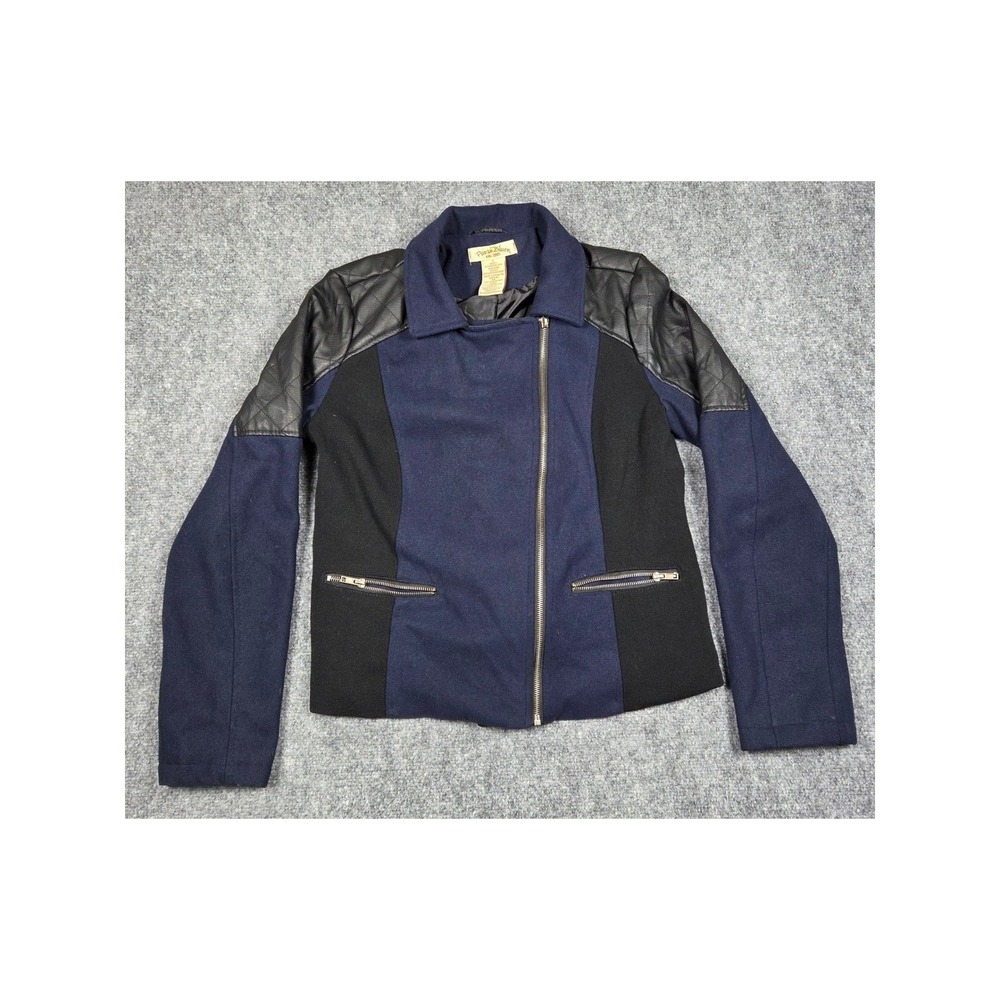 Paris Blues Jacket Womens Large Blue‎ Black Moto Faux Leather Shoulders Full Zip